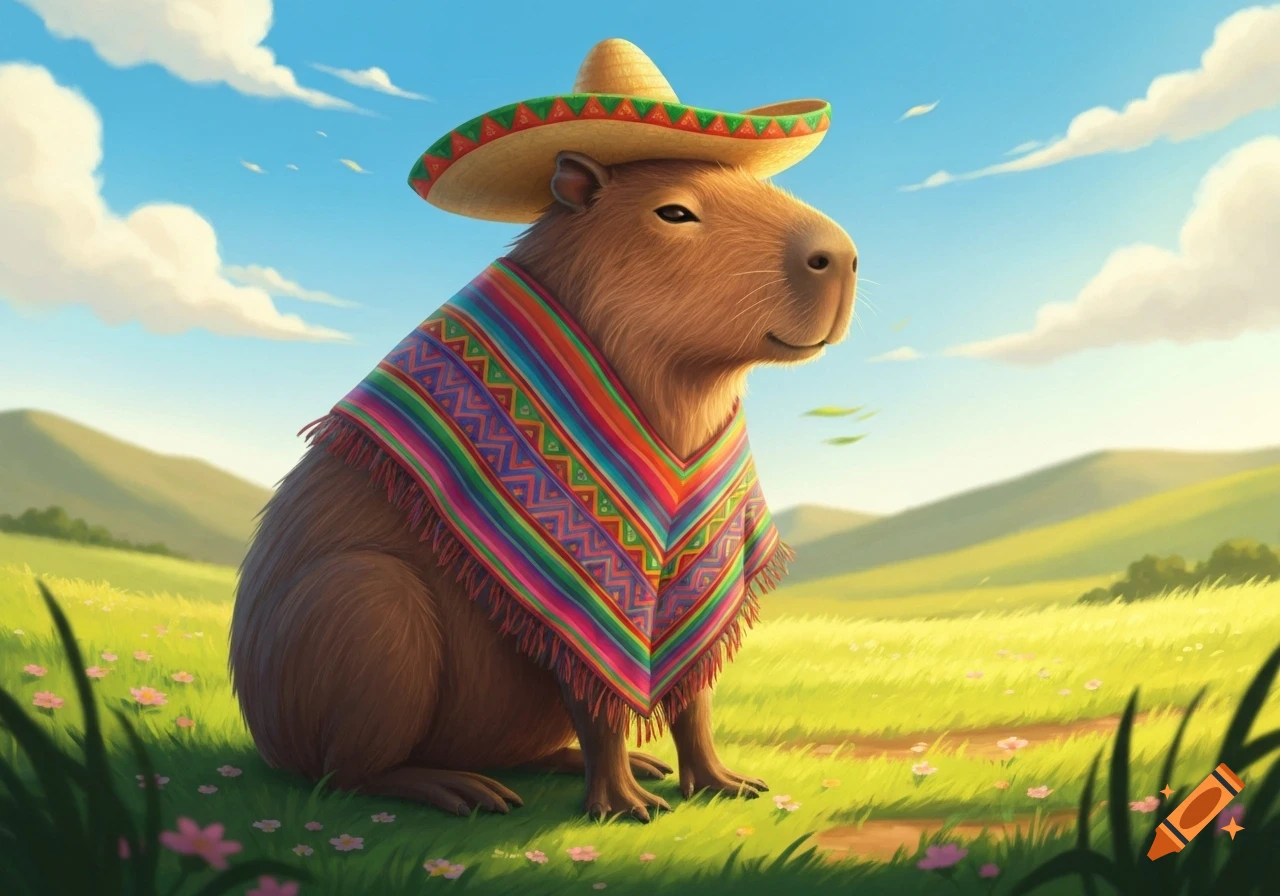 An illustrated capybara in a colorful poncho and straw sombrero sits in a sunny green field with rolling hills.