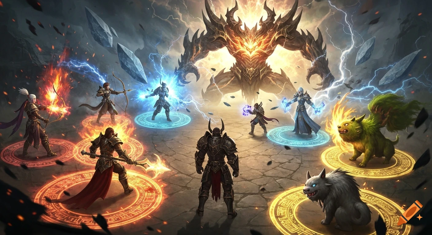 A fantasy scene depicting a group of warriors, mages, and animal companions battling a huge, fiery demon boss amidst glowing magical circles.