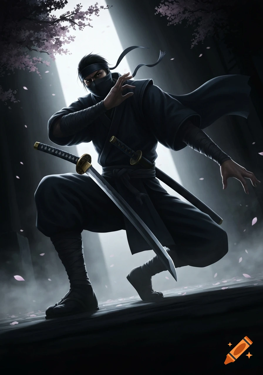 A masked ninja in black crouches with katanas, dramatic lighting, and falling cherry blossom petals.