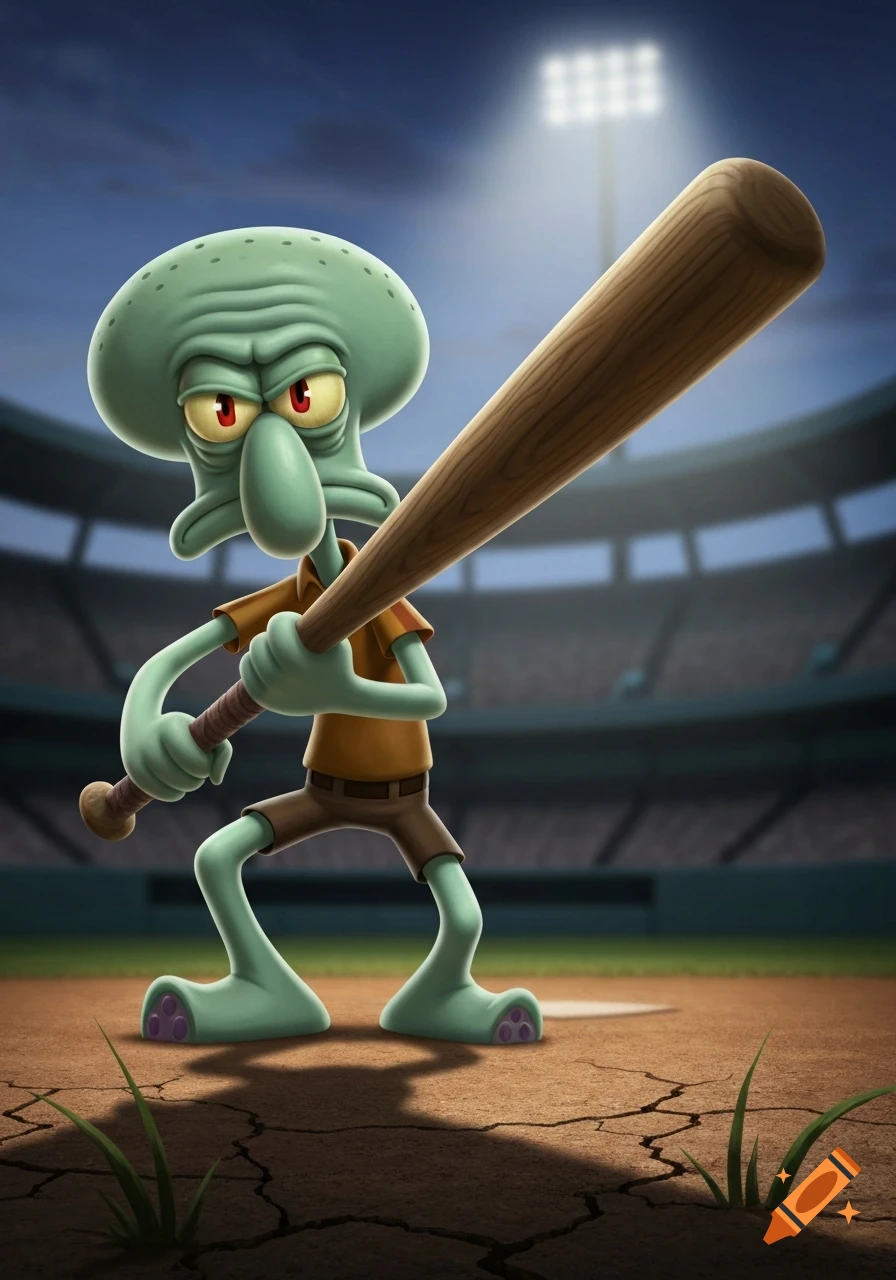 Squidward from Spongebob Squarepants holds a baseball bat in a stadium at night, looking determined under stadium lights.