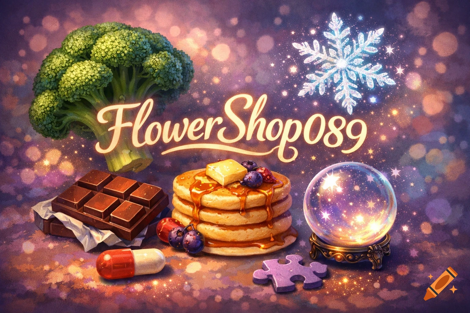 A whimsical still life featuring broccoli, chocolate, pancakes, a snowflake, a crystal ball, a pill, a puzzle piece, and text 'FlowerShop089' on a sparkling background.