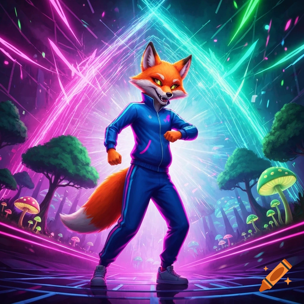 A stylized fox in a blue tracksuit dances in a vibrant, neon-lit forest with glowing mushrooms.