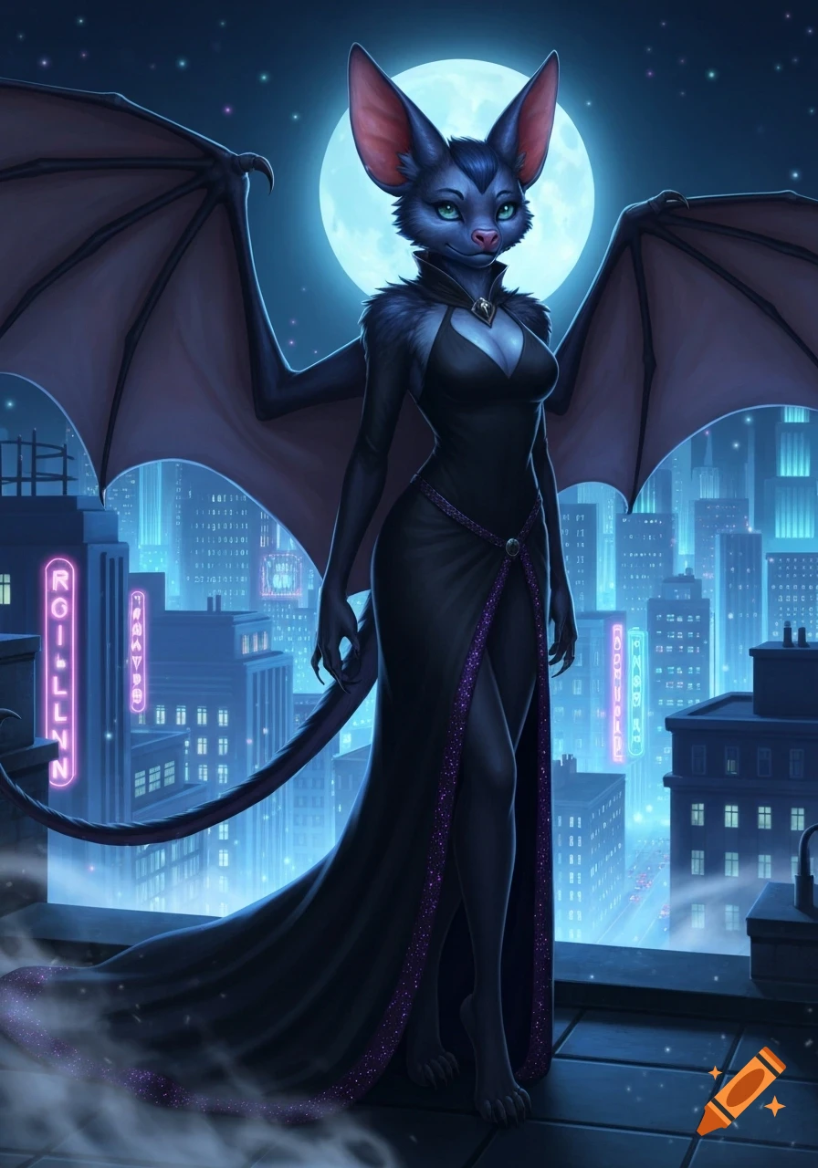 An anthropomorphic female bat in a black dress and wings stands on a neon-lit city rooftop at night under a full moon.