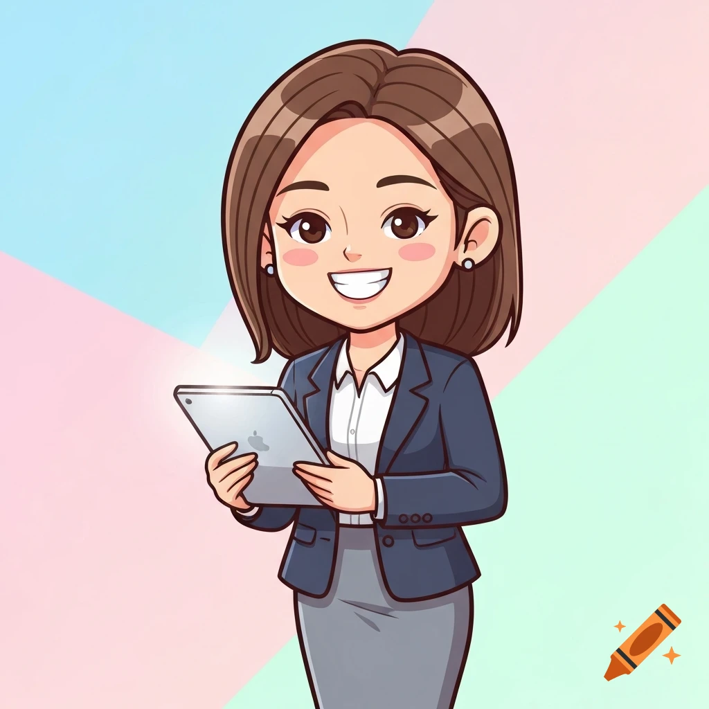 A cute cartoon professional woman in a blazer and skirt smiles brightly while holding a tablet with an Apple logo.