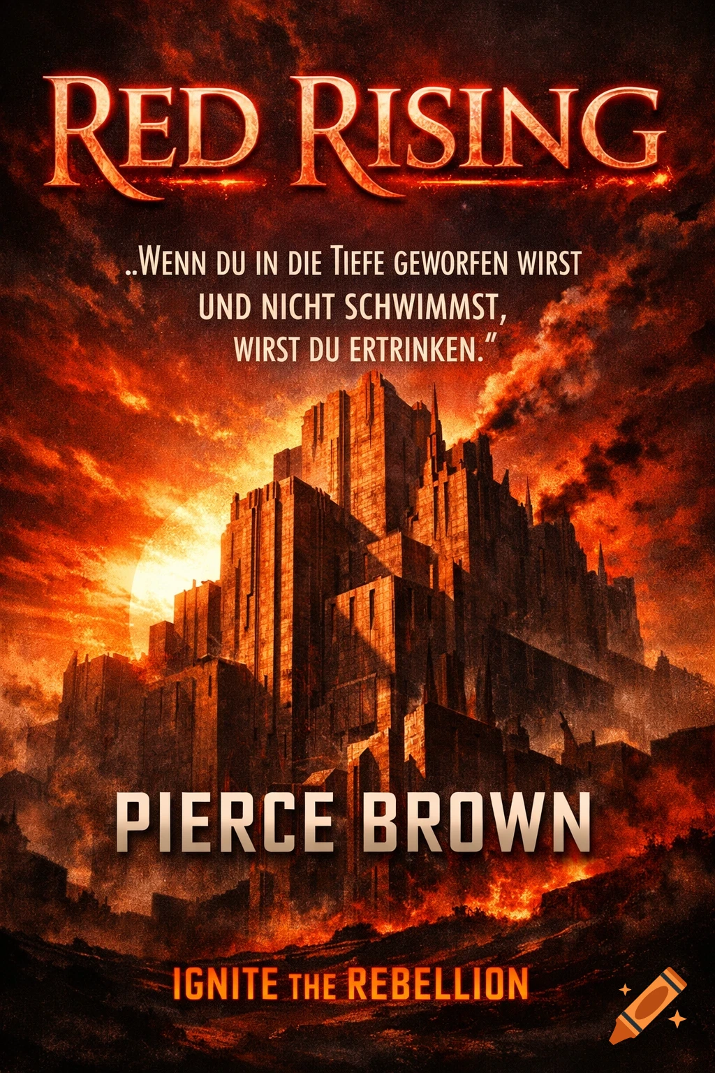 A book cover for 'Red Rising' shows a dark, towering cityscape under a fiery red and orange sky, with the title and author's name prominent.