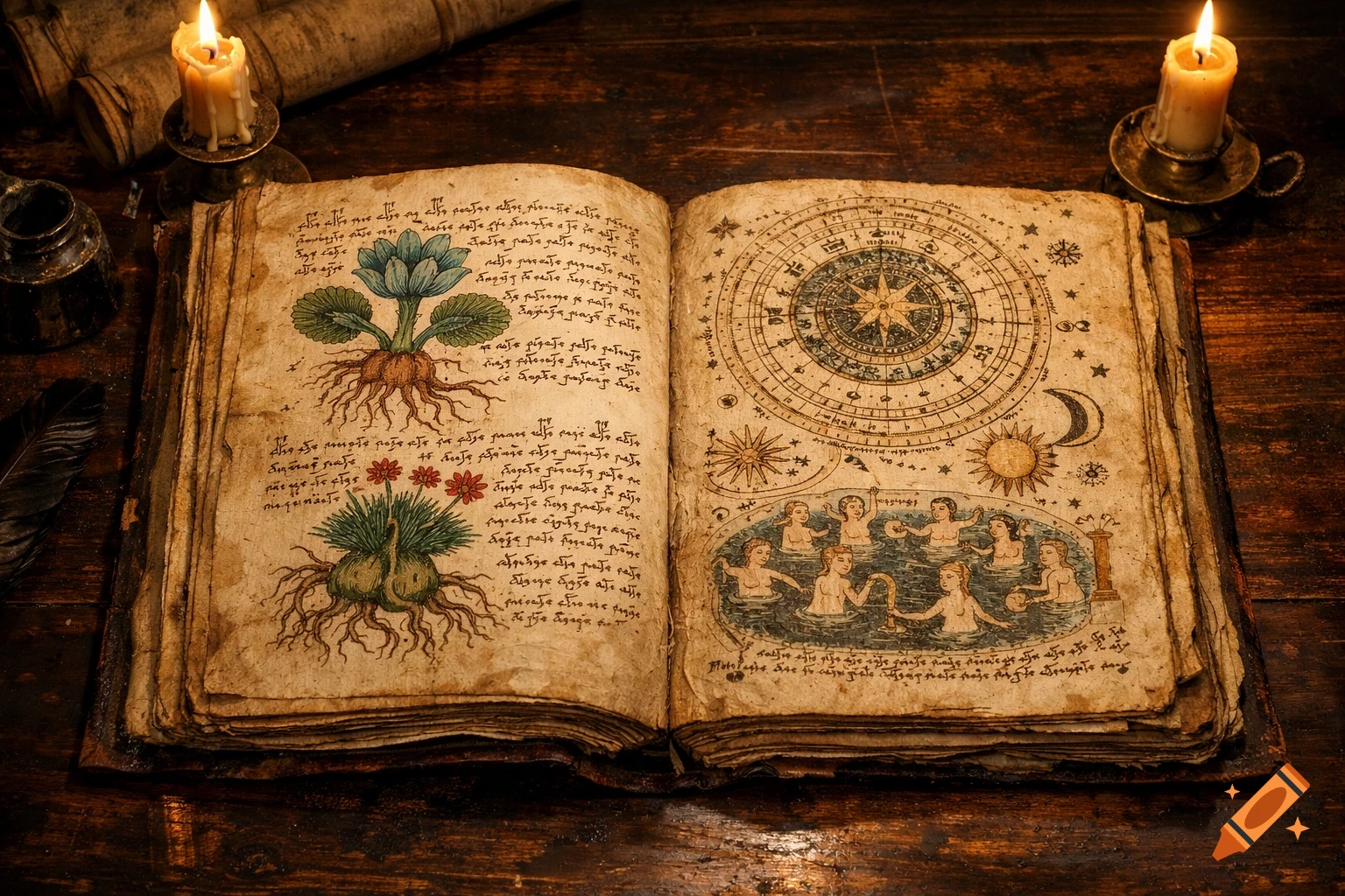 An ancient open manuscript, inspired by the Voynich Manuscript, on a dark wooden table with flickering candles, quill, and inkwell. It shows intricate plant illustrations, an astronomical diagram, and bathing figures, all in a warm, mysterious, photorealistic style.