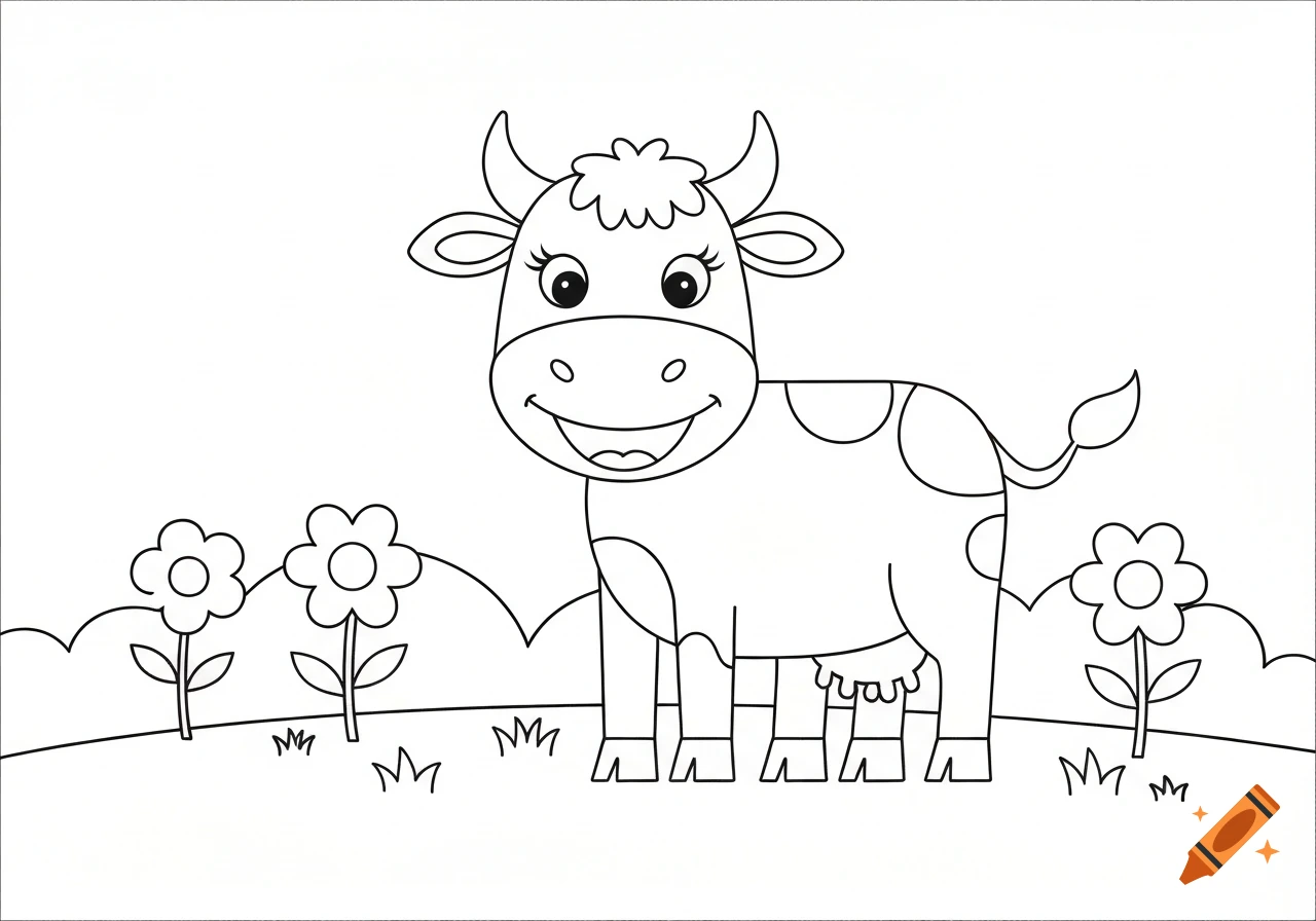 A simple line drawing of a cartoon cow smiling in a field with flowers, designed as a coloring page.