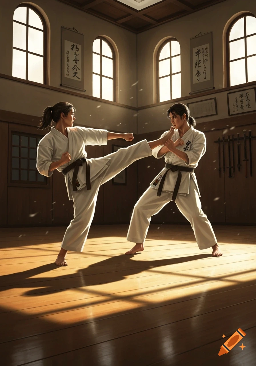 Two women with black belts practice karate, one kicking and one blocking, in a sunlit dojo.