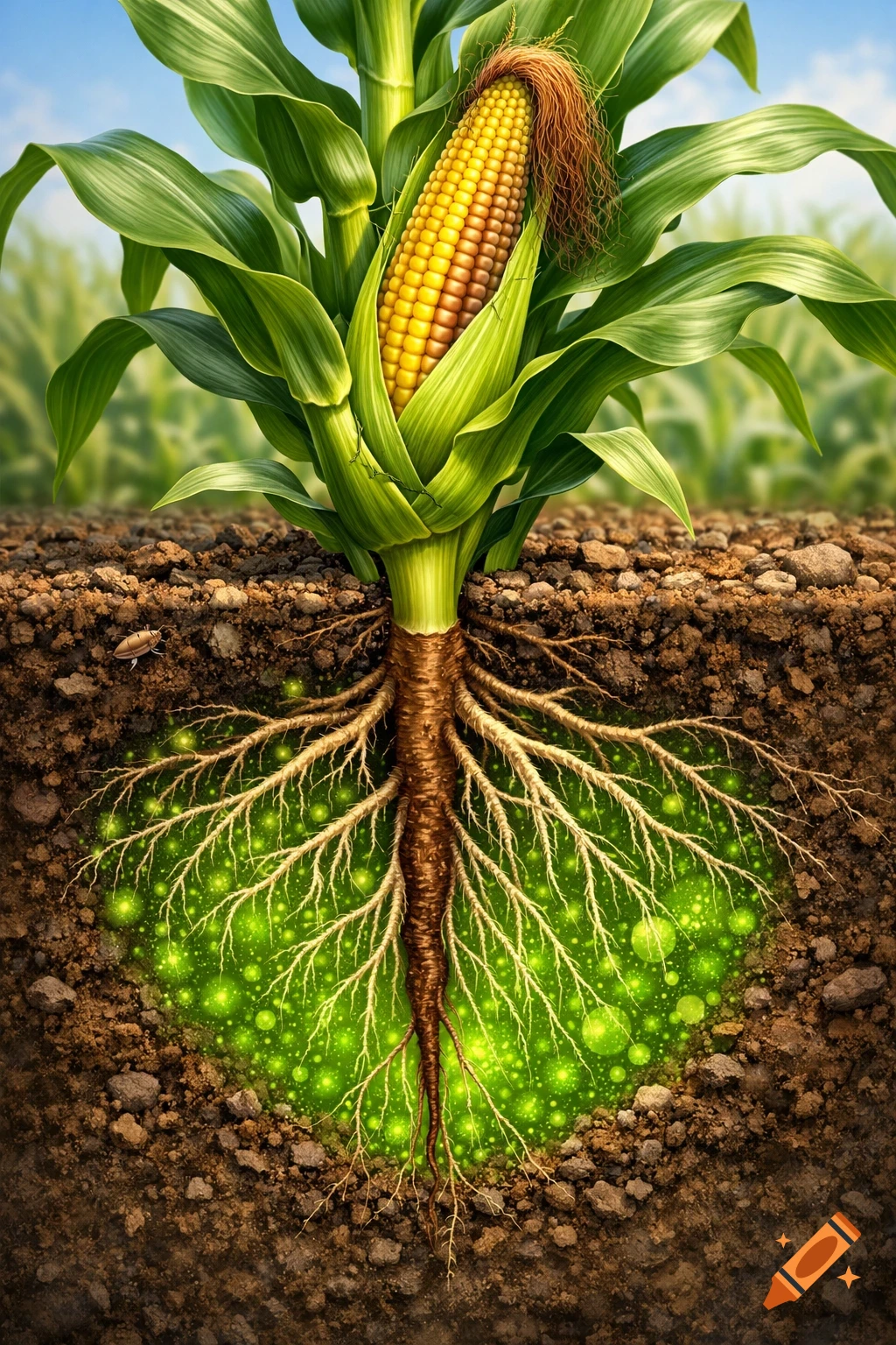 Photorealistic illustration of a corn plant with a visible ear and green leaves, showing its root system underground surrounded by a glowing green rizosphere.