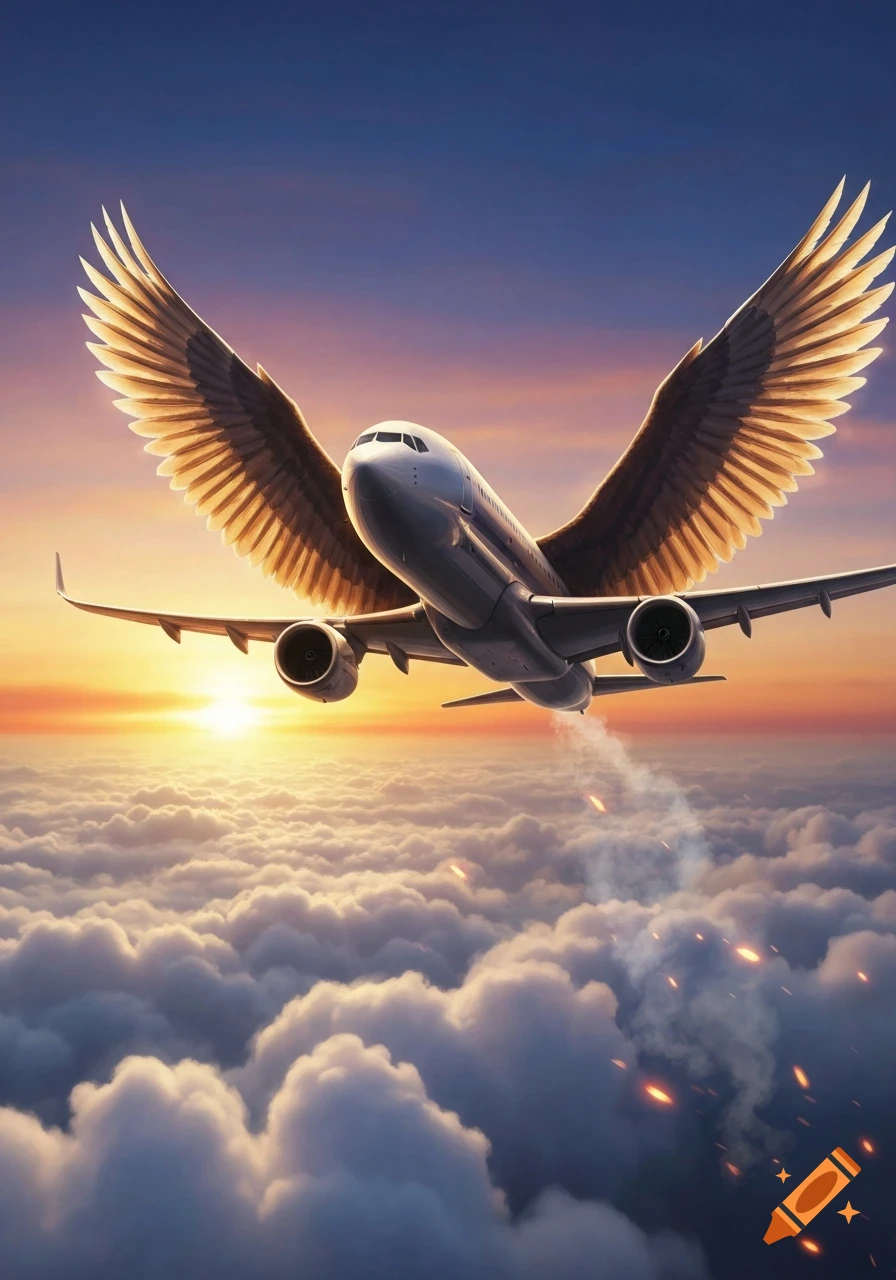 An airplane with large feathered wings flies above clouds at sunset, with sparks trailing below.