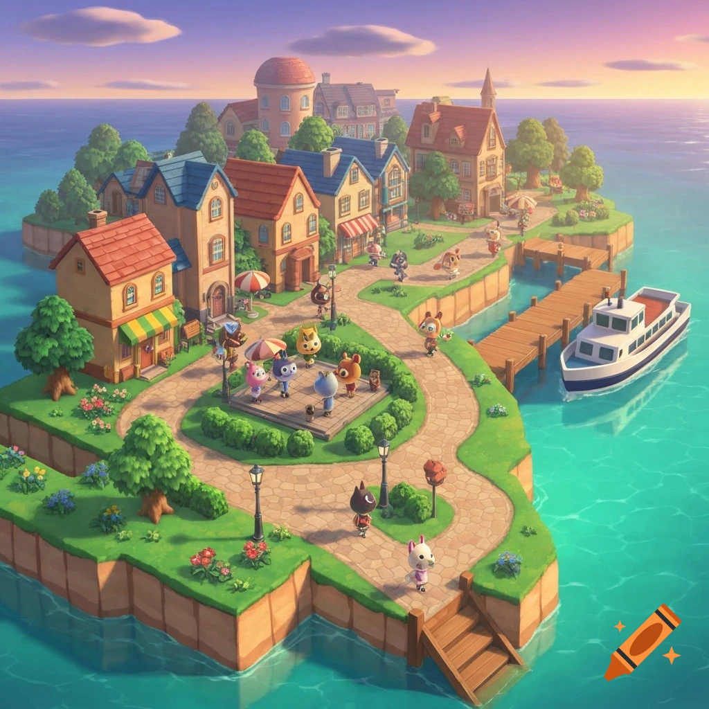 An isometric view of a colorful Animal Crossing island city featuring houses, winding paths, a dock with a boat, and cute animal characters walking around.