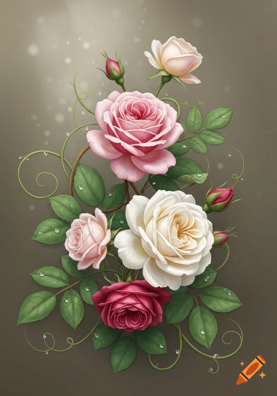 An elegant arrangement of pink, white, and deep red roses with green leaves and water droplets on a brown background.