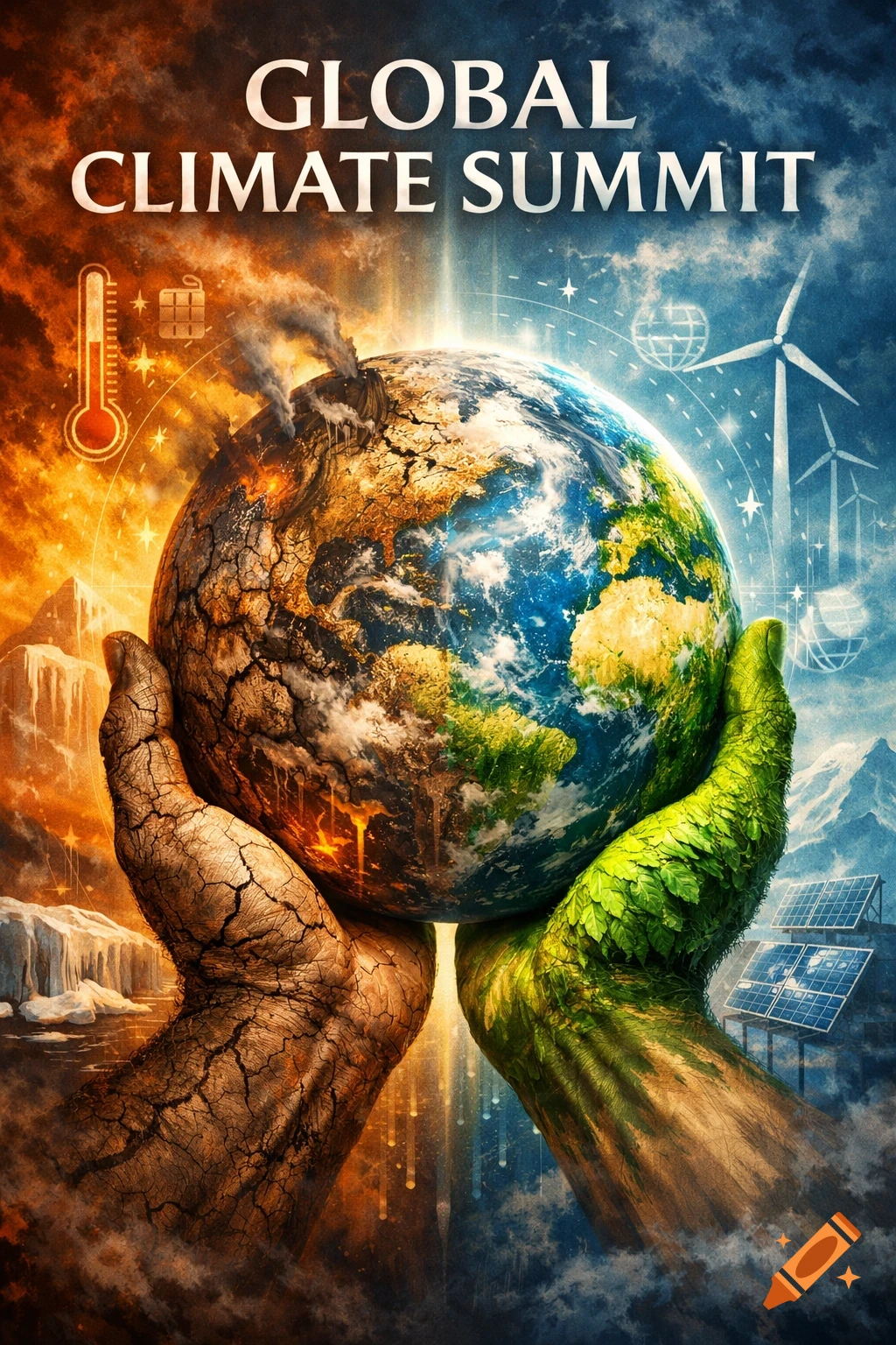 A poster depicting two hands holding a split Earth, one side barren and burning, the other lush and green, with "GLOBAL CLIMATE SUMMIT" text.