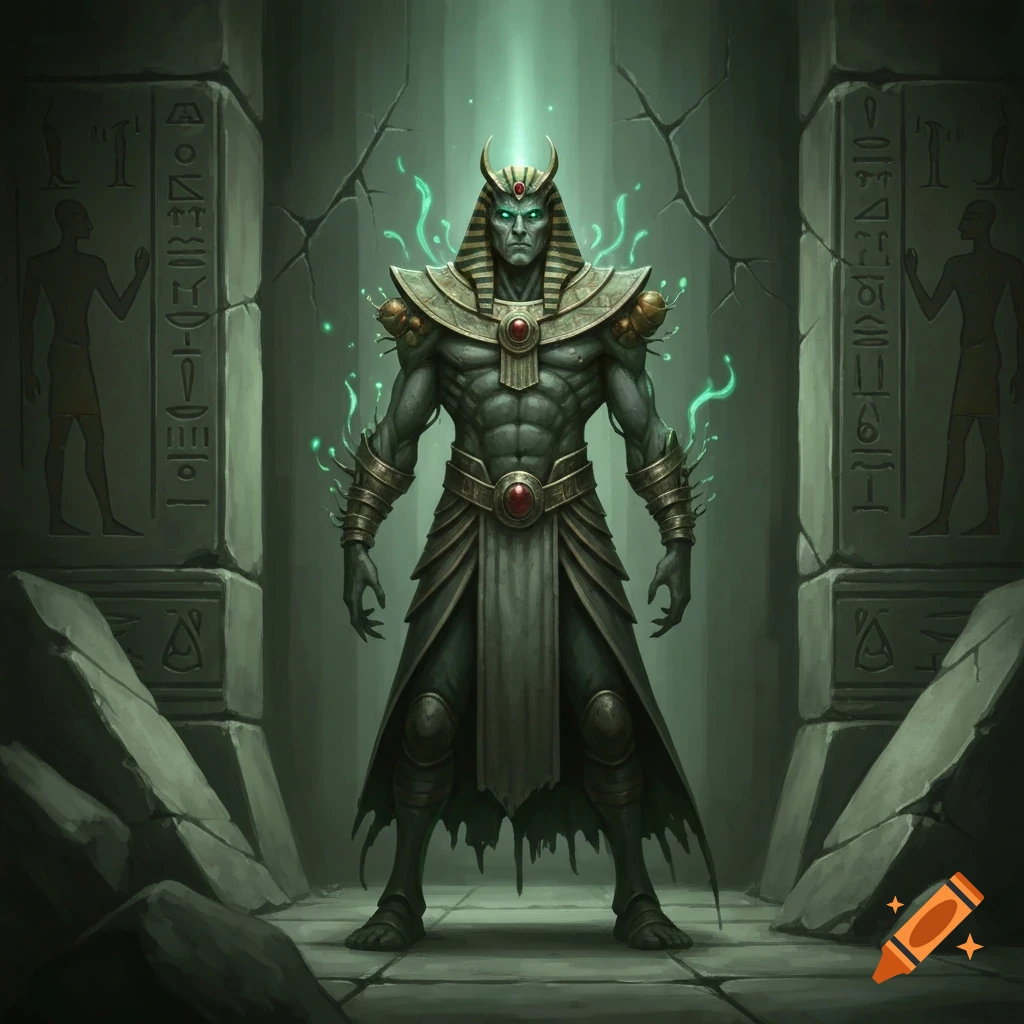 A powerful, green-skinned ancient Egyptian-style deity with glowing energy in a stone temple.
