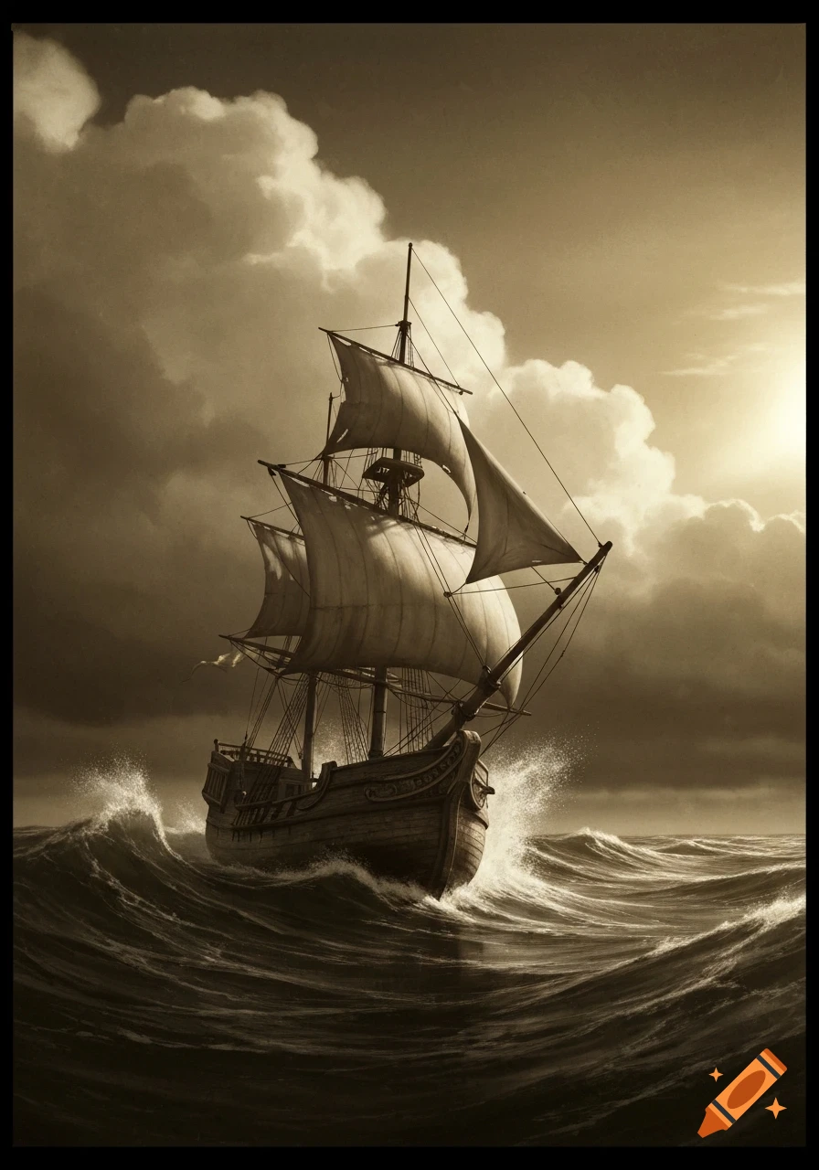 A sepia-toned image of a majestic sailing ship with full sails riding dramatic waves under a cloudy sky.