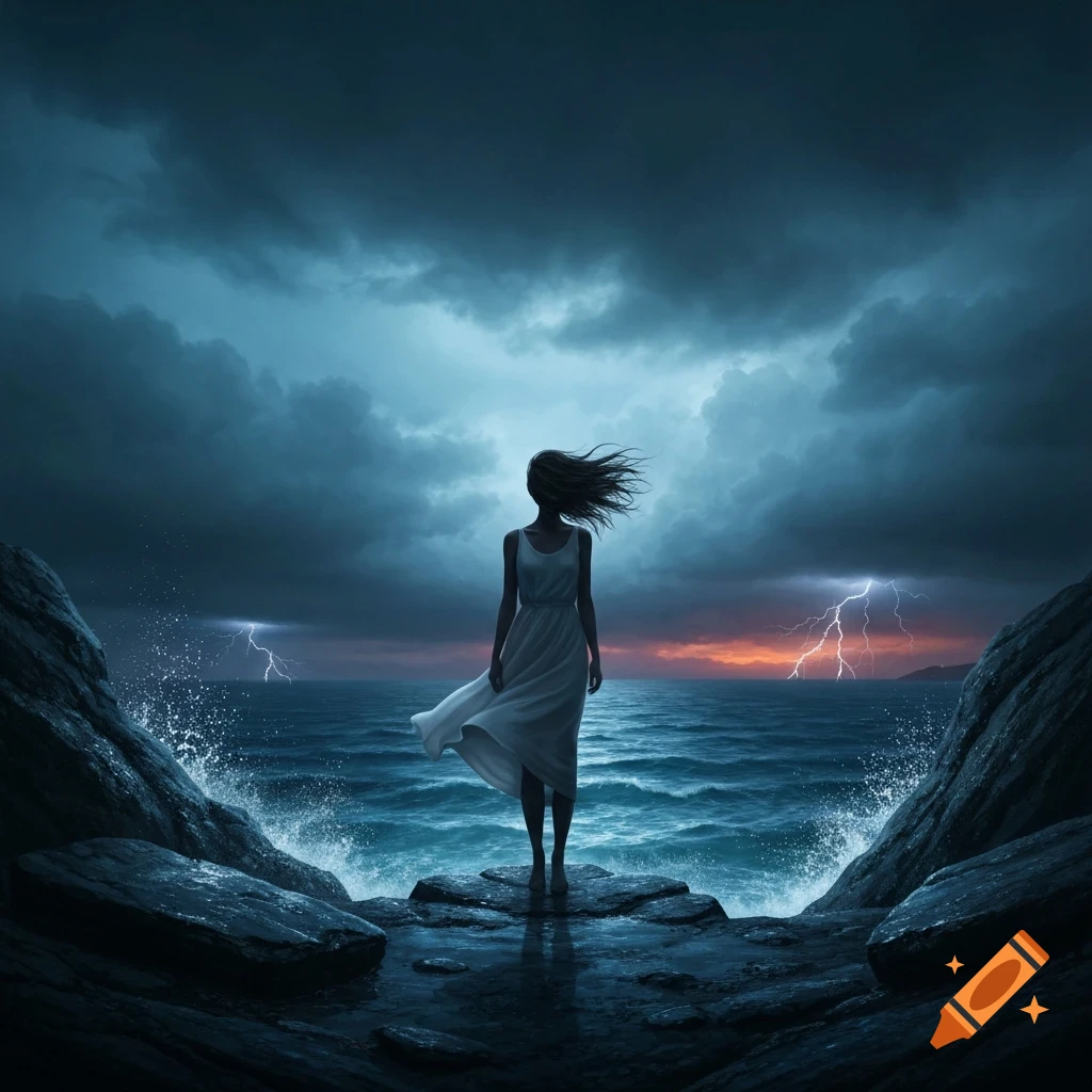 A lone woman in a white dress stands on a rocky shore, looking at a stormy sea with lightning under dark clouds.