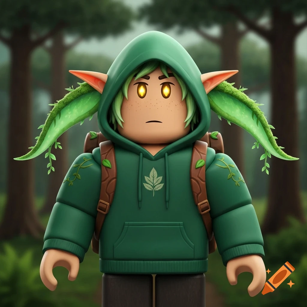 A blocky Roblox-style elf in a green hoodie with glowing eyes and mossy ears, standing in a forest.