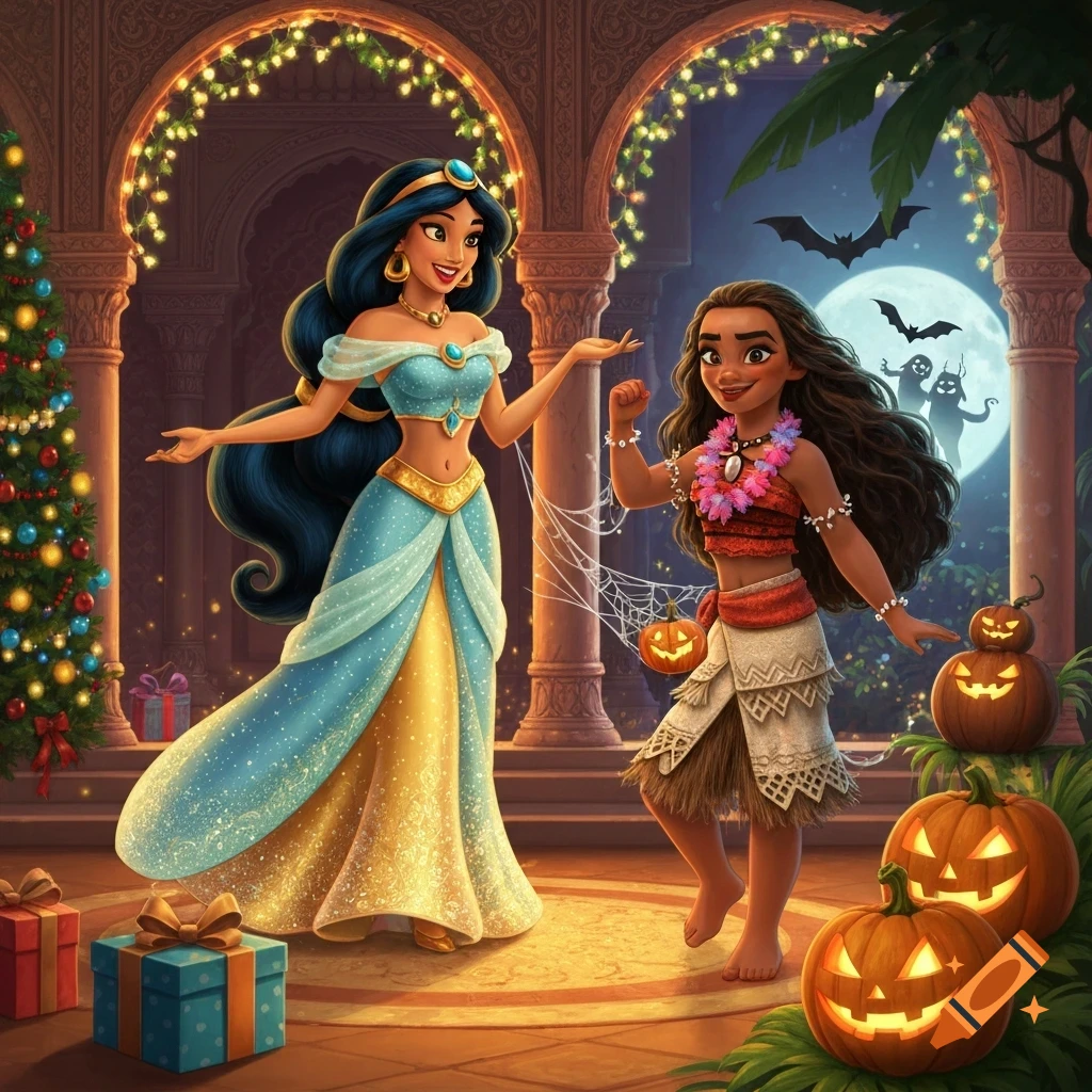 Princess Jasmine in a blue and gold dress stands next to a Christmas tree, while Moana in a red and white outfit dances next to jack-o'-lanterns, all under ornate arches with a full moon, bats, and ghosts in the background.