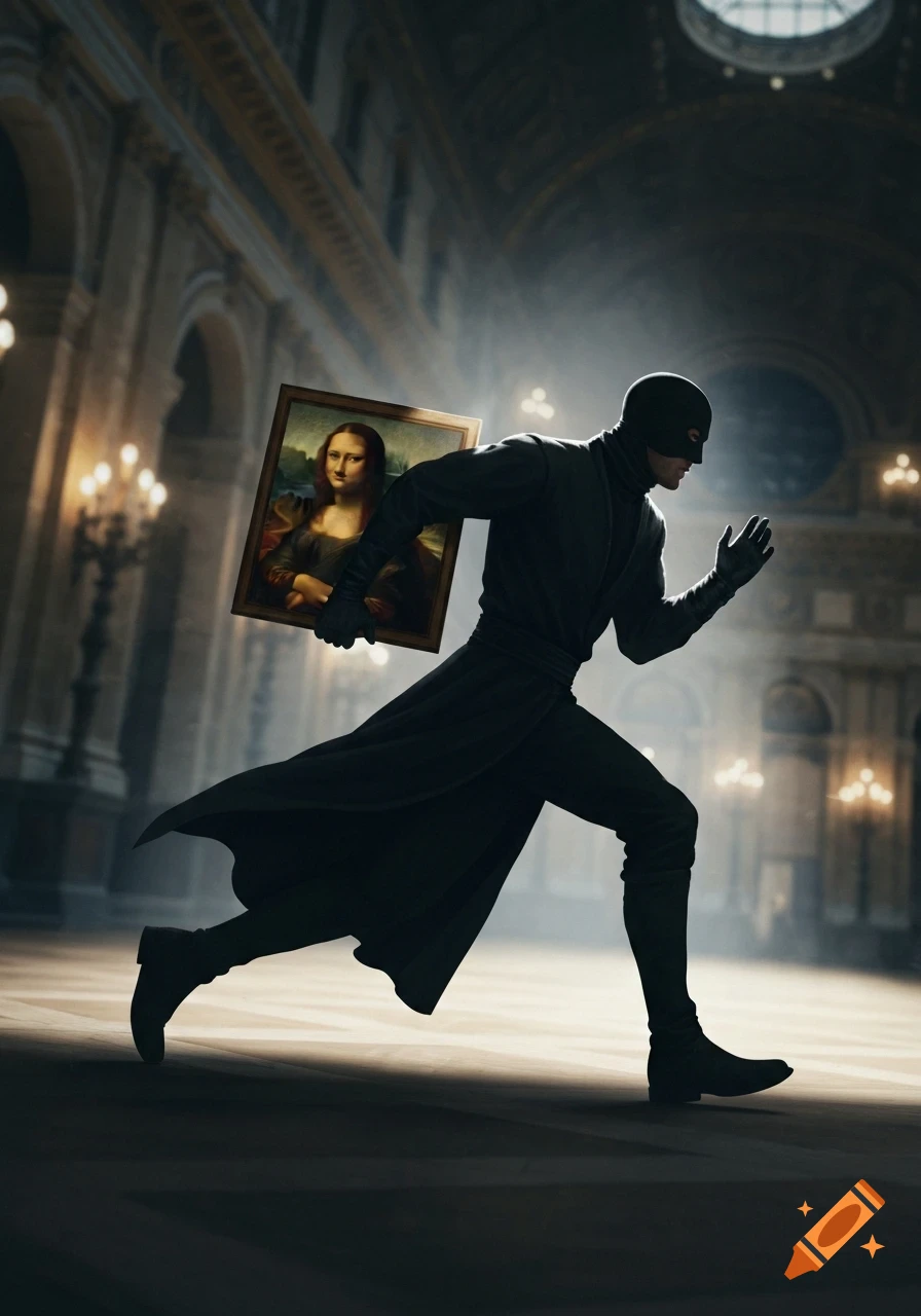 A masked figure in black runs through a dimly lit museum hall, holding the Mona Lisa painting under one arm.