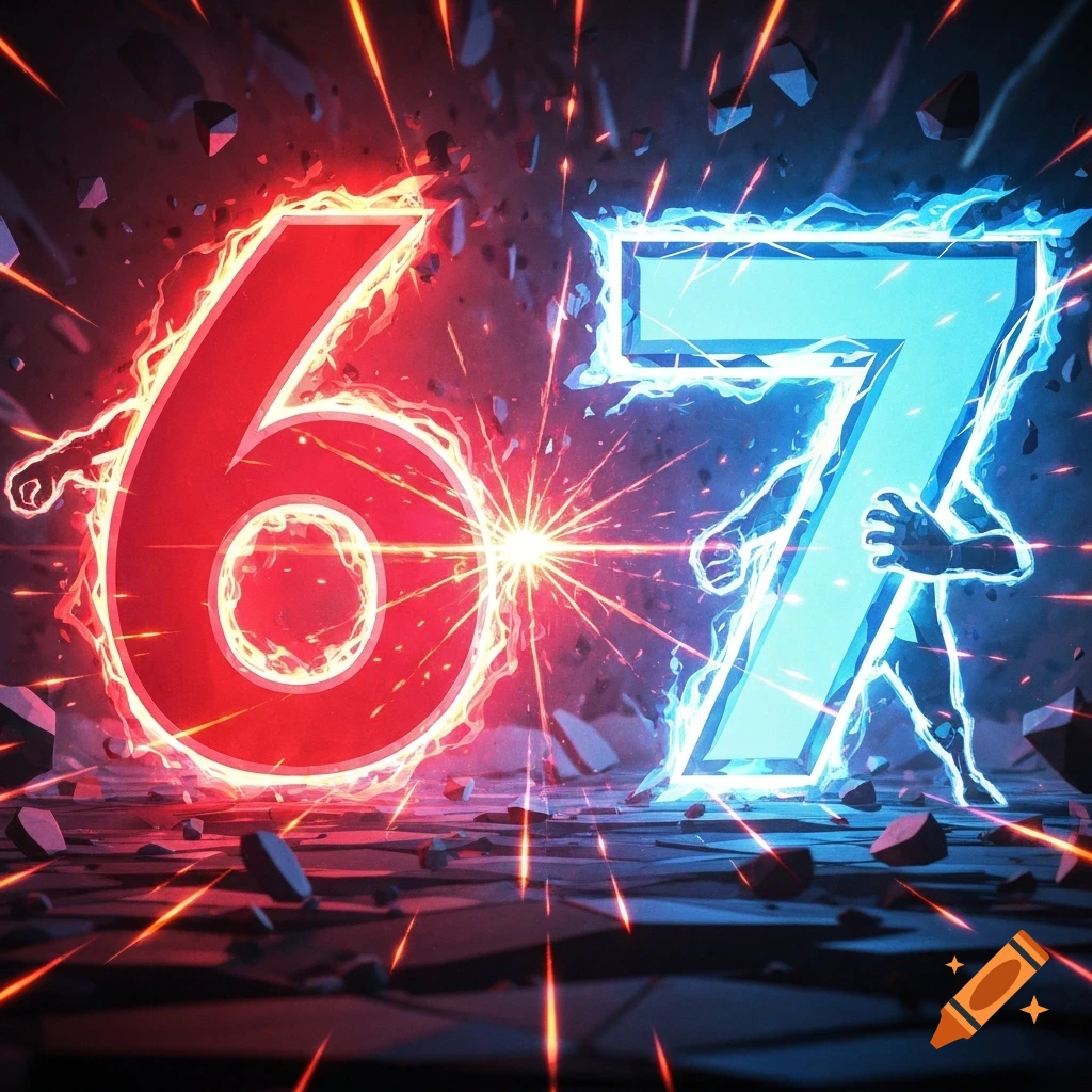 A glowing red number 6 and a glowing blue number 7 with stylized limbs appear to clash with energy sparks and debris in a dark, action-packed scene.