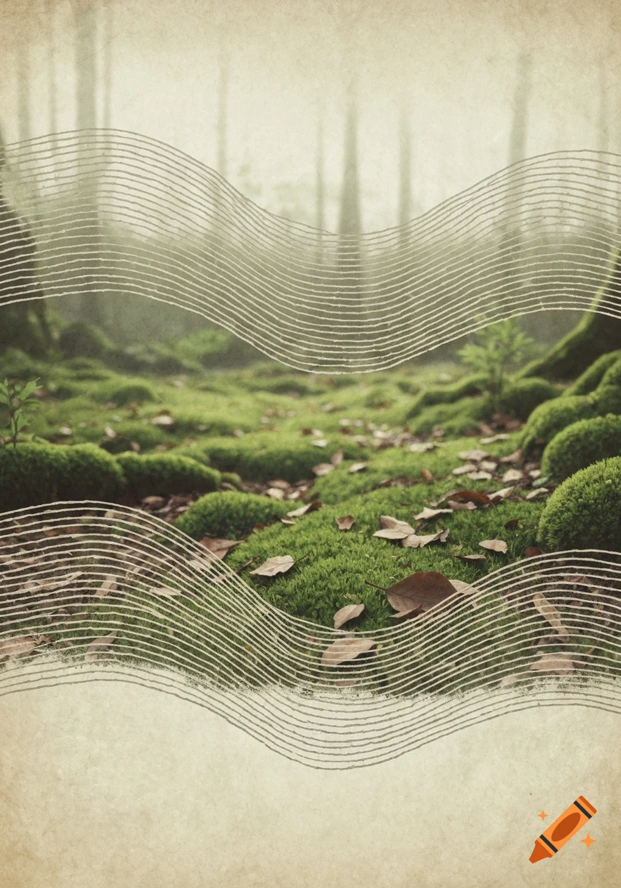 Misty forest floor with moss and leaves, overlaid with wavy scratch lines on a vintage paper texture.