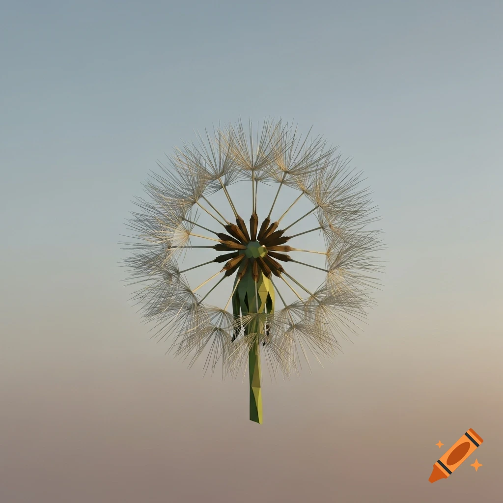 A single low-poly dandelion with seeds ready to disperse, against a soft gradient sky.