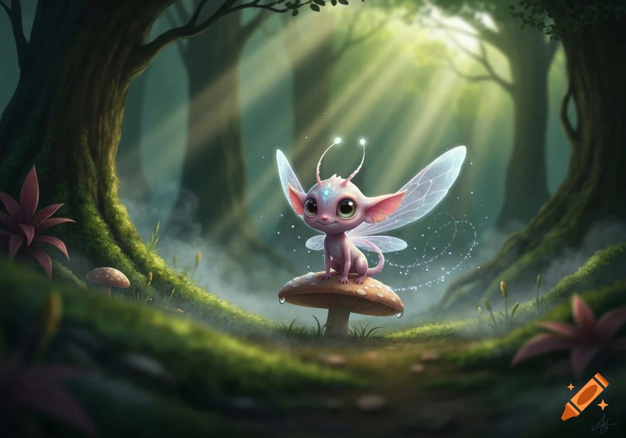 A cute pink fairy-like creature with large eyes and transparent wings ...