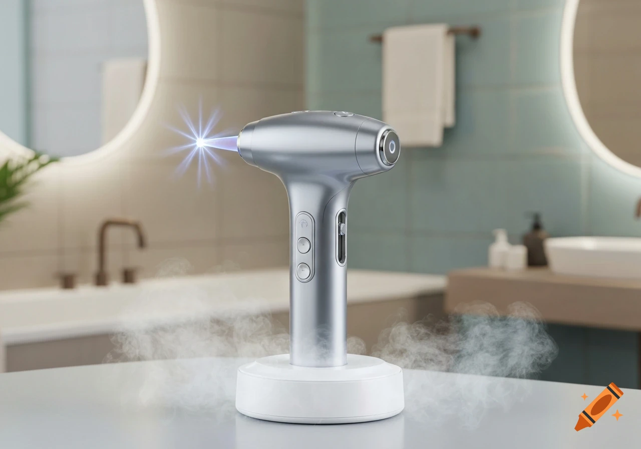 A sleek silver plasma skin beauty device with a glowing blue light, on a white charging base, in a modern bathroom.