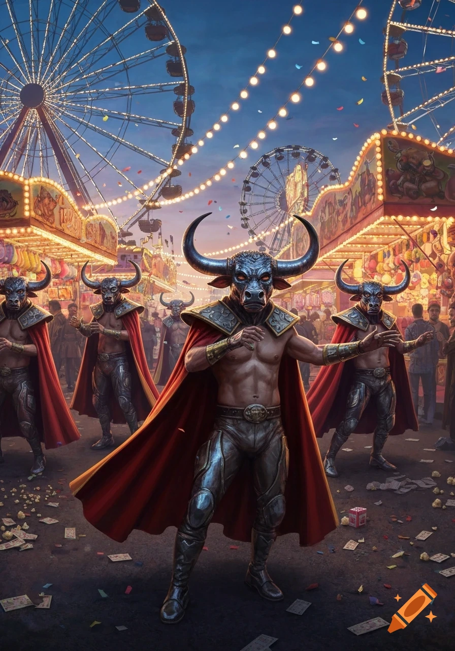 Men in ornate bull masks and armor with red capes stand at a lively night carnival with ferris wheels and bright lights.