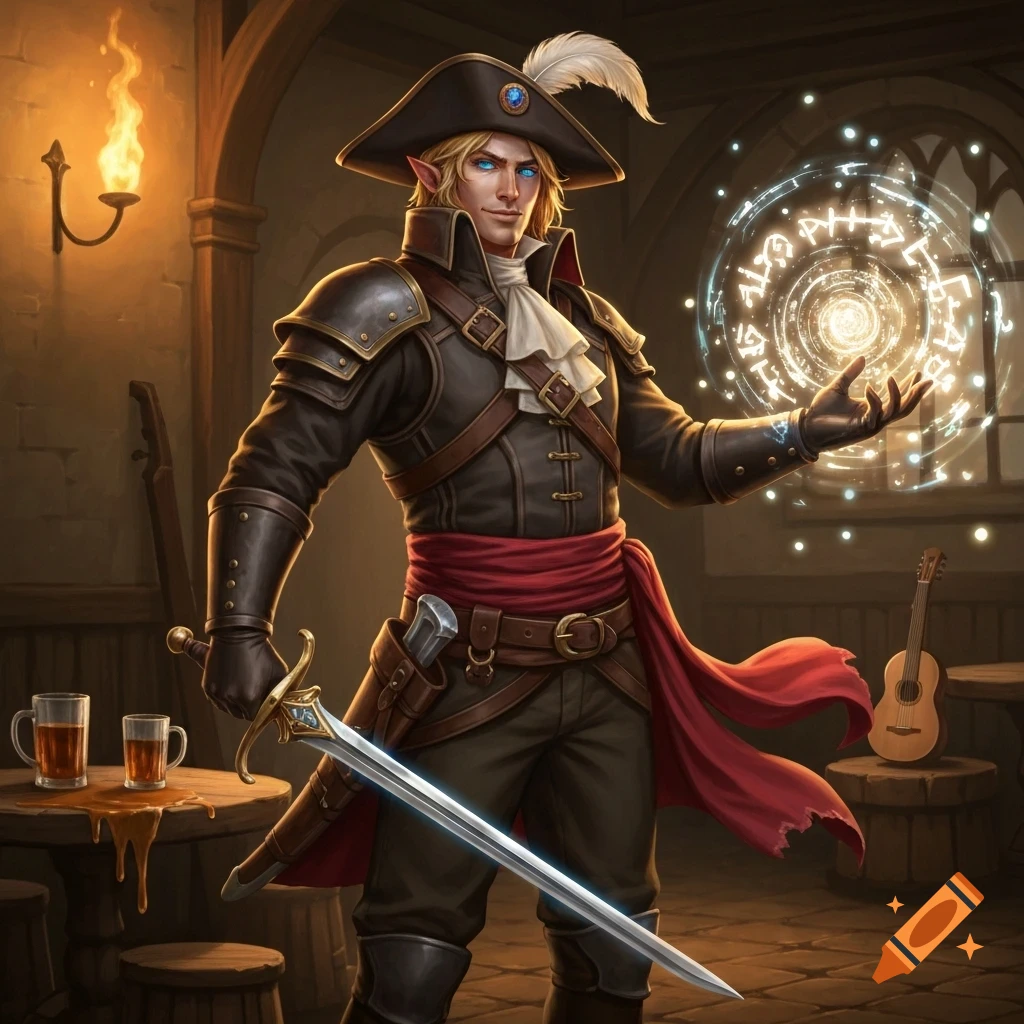 A handsome blond half-elf valor bard with blue eyes, in pirate-like attire, holding a rapier and conjuring glowing magic runes in a tavern.
