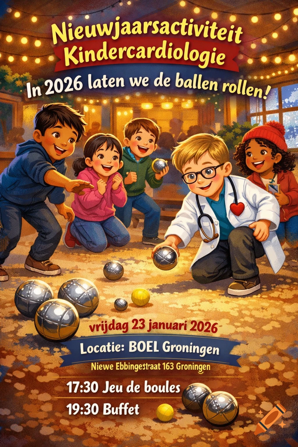 A warm, joyful event poster with diverse children playing jeu de boules. One child wears a doctor's coat, representing pediatric cardiology. Text describes a New Year's activity in 2026.