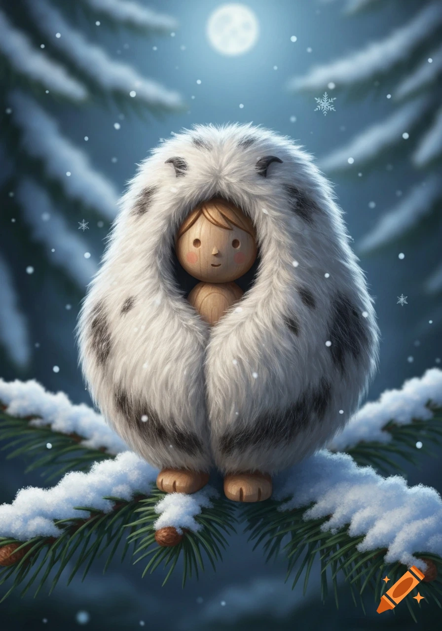 A small wooden doll with rosy cheeks and a slight smile, encased in a fluffy white and black spotted fur suit, sits on a snow-covered pine branch at night with a full moon and falling snowflakes.