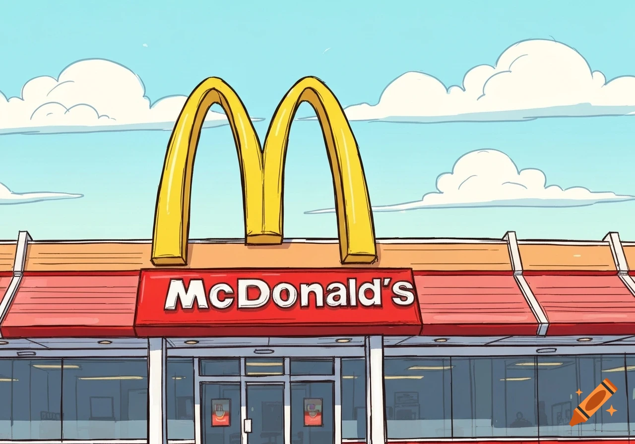 Cartoon illustration of a McDonald's restaurant with golden arches against a blue sky.
