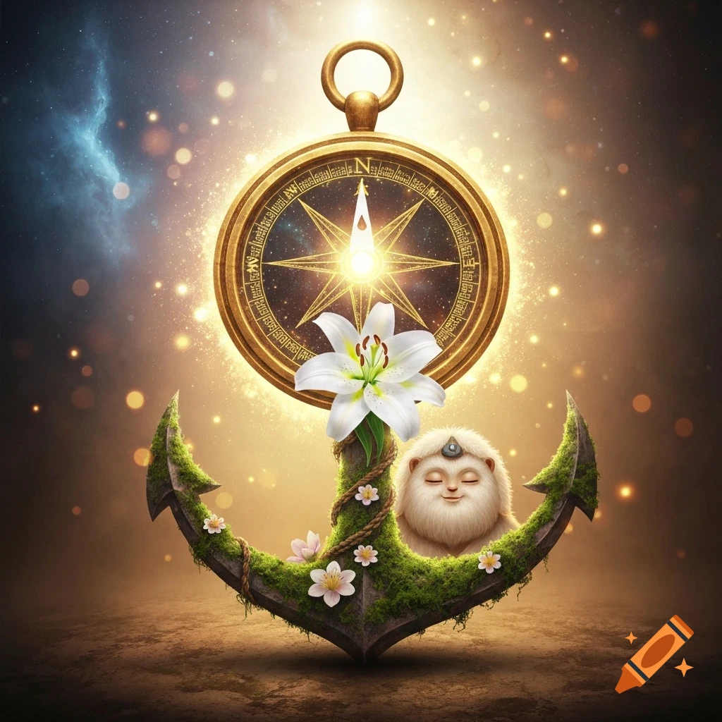 A golden cosmic compass, a white lily, and a fluffy creature on a mossy anchor, surrounded by golden light and a nebula background in an ethereal style.