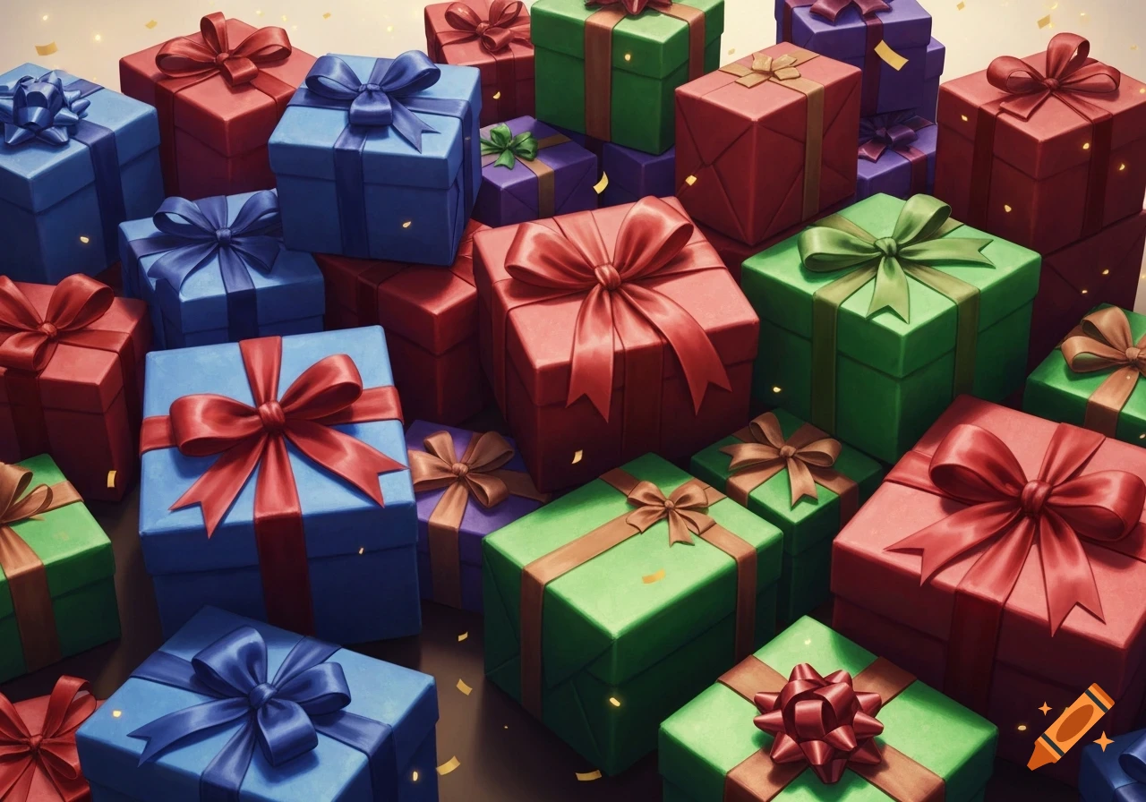 A large pile of colorful gift boxes with red, blue, green, and brown ribbons, scattered with golden confetti, against a light background.
