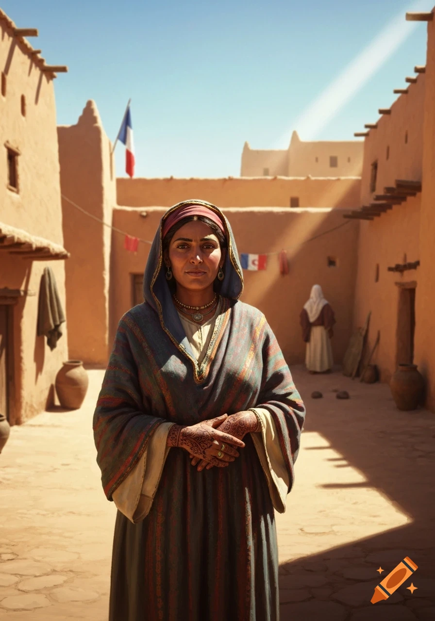 A woman in a striped robe and headscarf, with henna hands, stands in a sunny North African village. A French flag flies nearby.