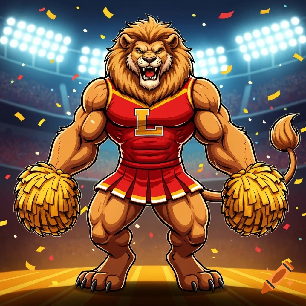 Muscular cartoon lion mascot in red and yellow cheerleader uniform with pom-poms, standing in a brightly lit stadium.