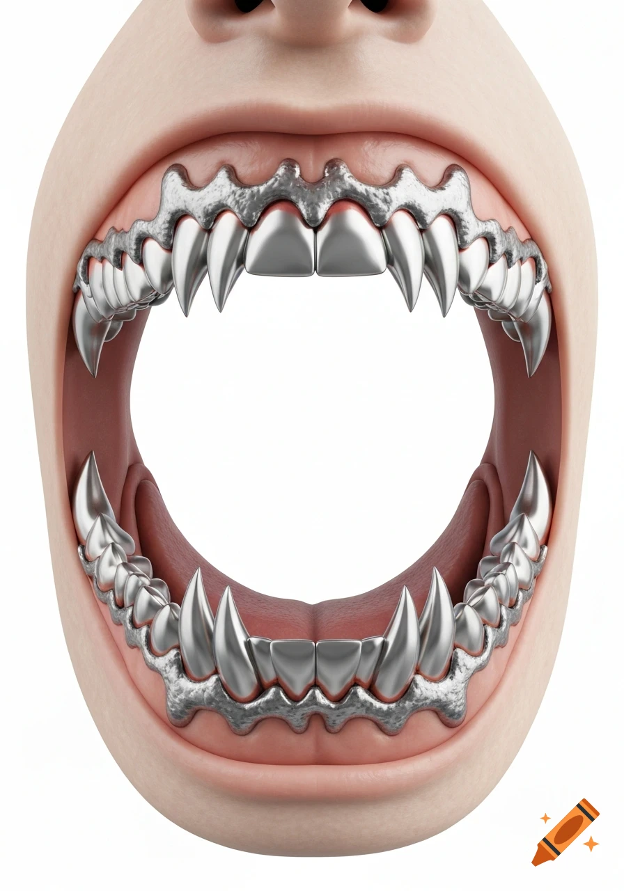 A close-up of a wide-open mouth revealing shiny silver metal vampire teeth with a soldered texture, set against a white background.