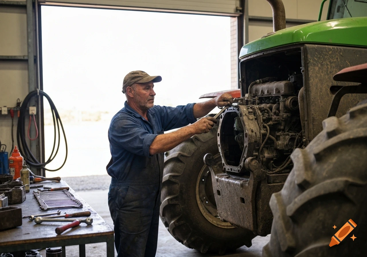 A man in blue overalls and a cap repairs a green tractor engine in a workshop, with tools on a workbench nearby.