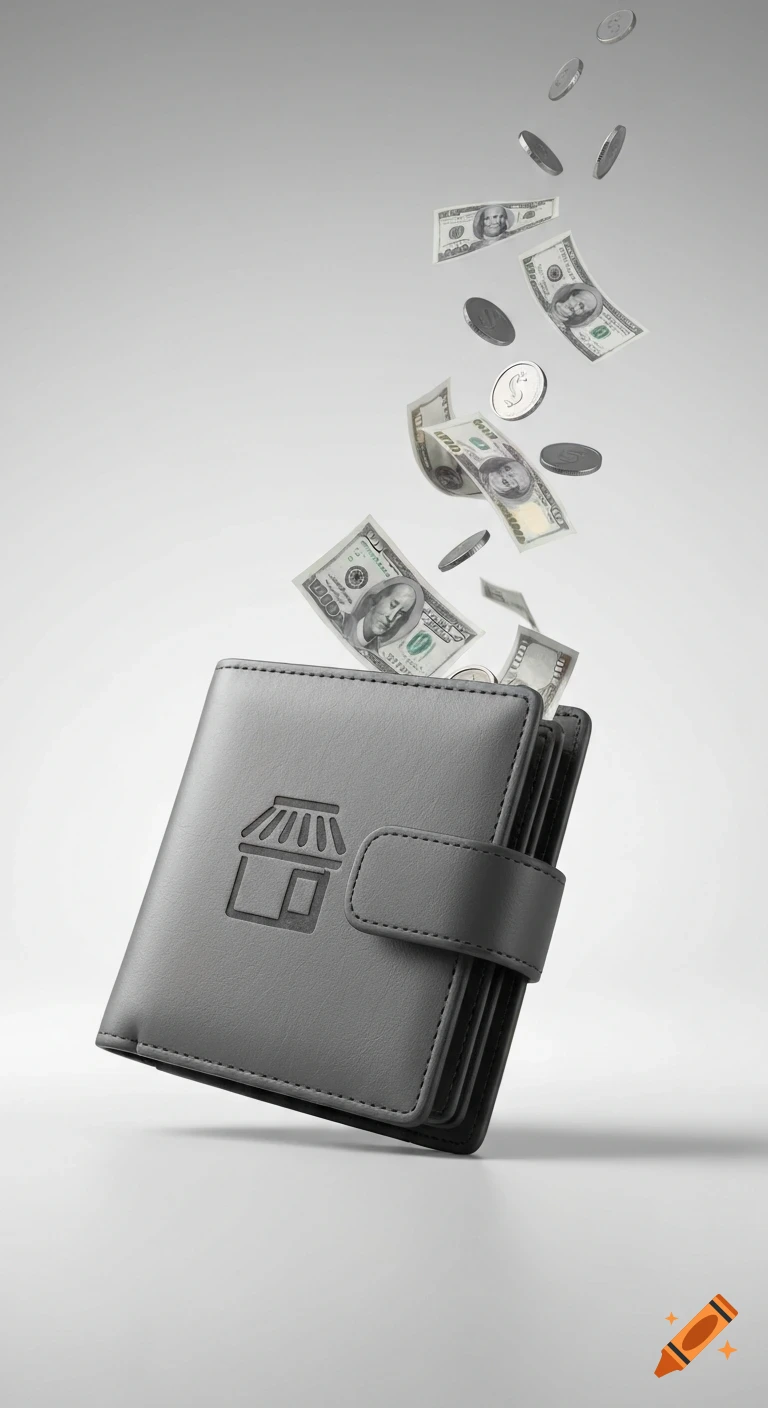 A photorealistic scene with a grey leather wallet, slightly open, with a store icon embossed on it. Money, including dollar bills and coins, is actively flowing out of it against a bright minimalist background.