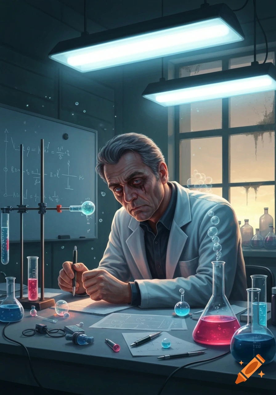 A tired, middle-aged male scientist with dark circles under his eyes sits at a lab bench filled with colorful beakers and notes.