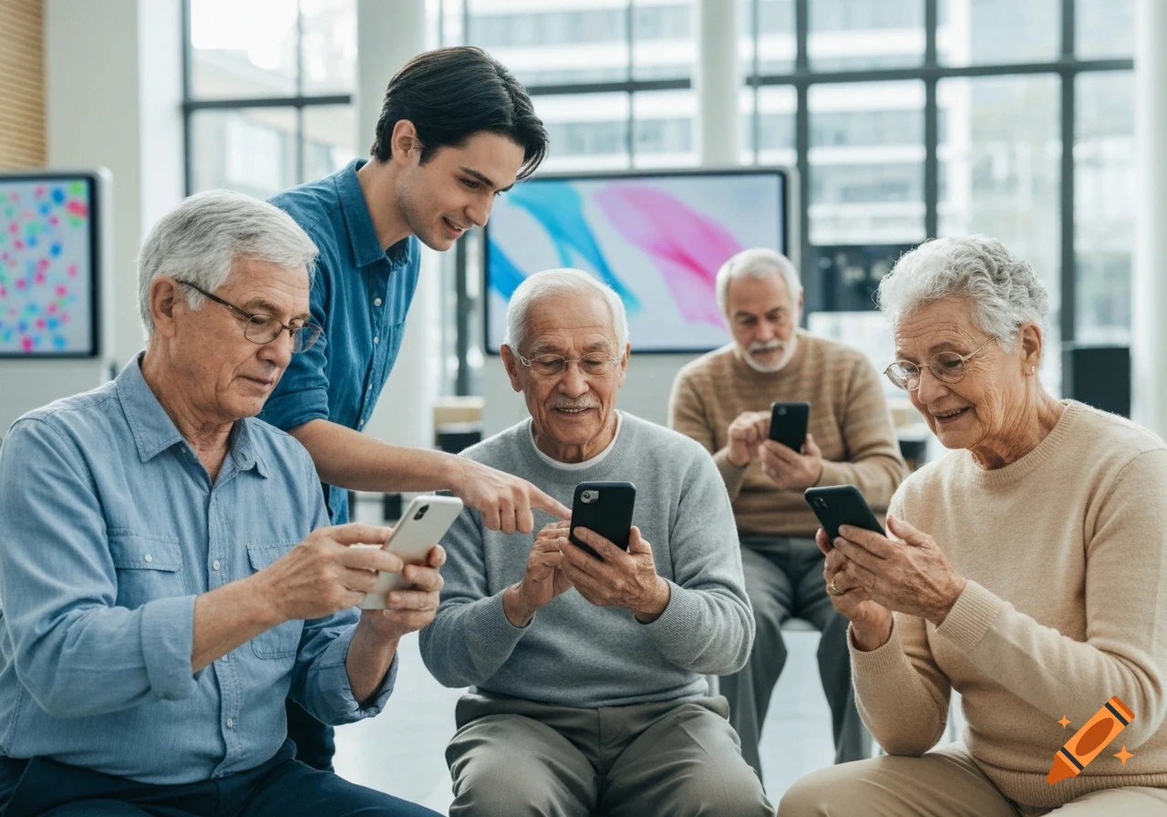 A young man teaches a group of seniors how to use smartphones in a modern digital space.