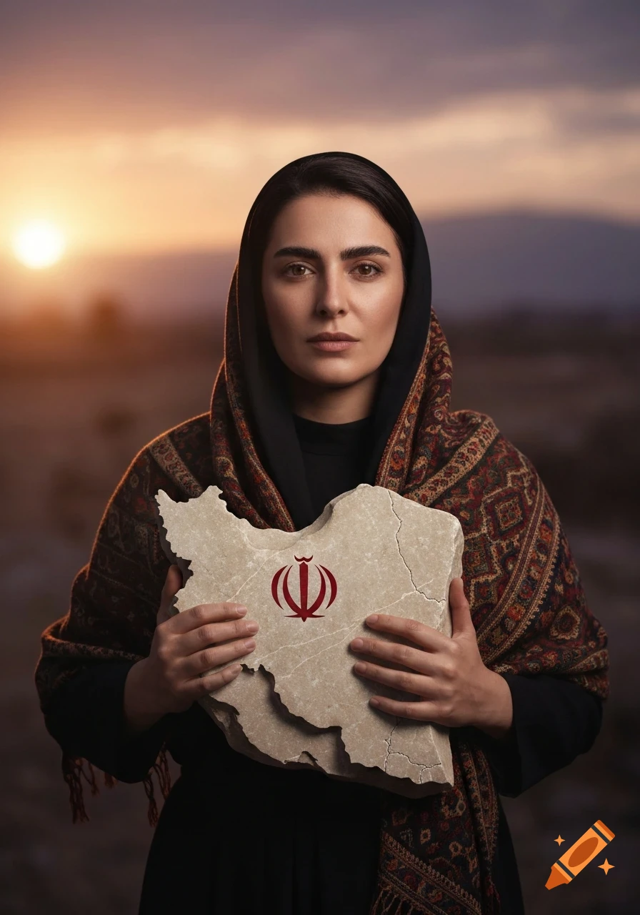 Woman in black headscarf and patterned shawl holding a stone map of Iran with its emblem, against a sunset.