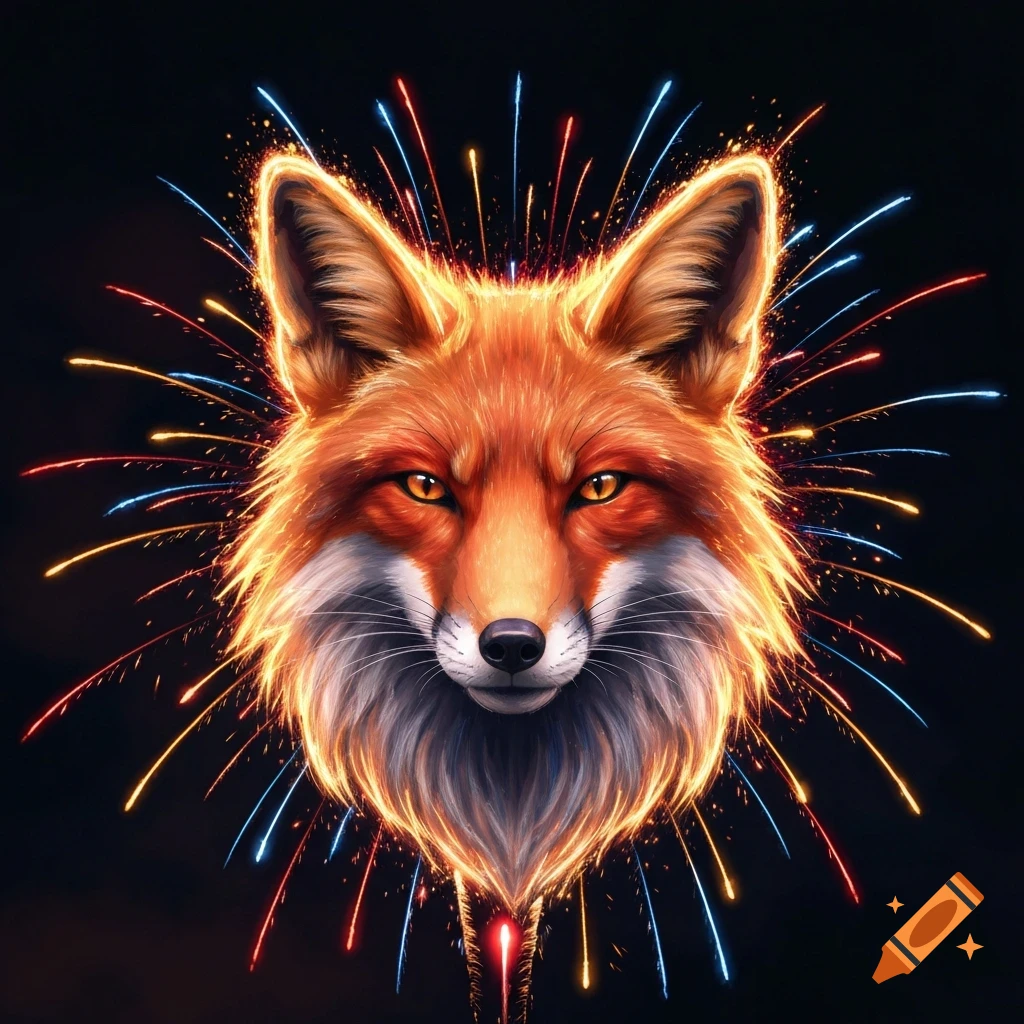A vibrant digital painting of a fox's head formed from glowing orange, gold, red, and blue fireworks against a dark sky.