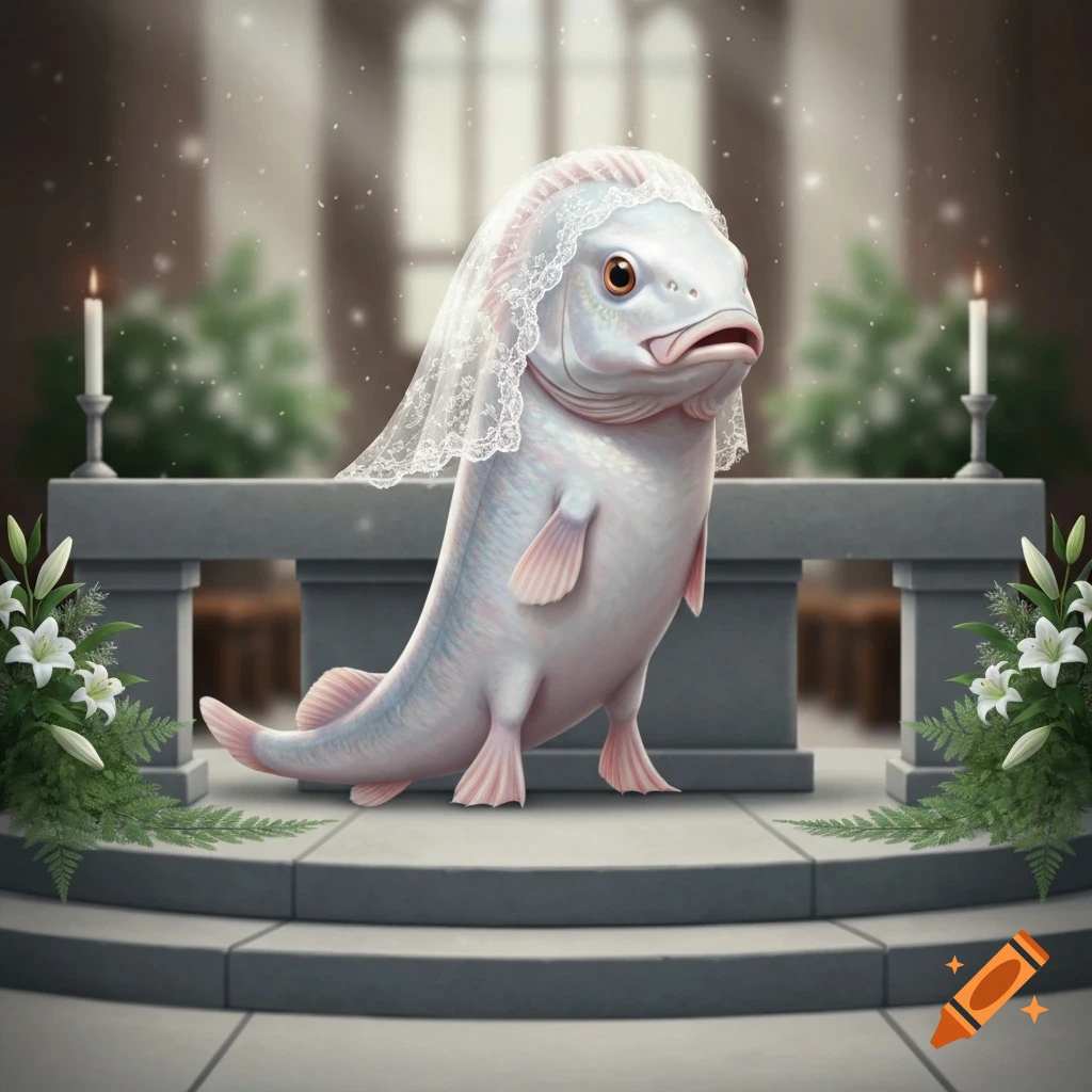 A photorealistic, bipedal fish dressed as a bride stands at a wedding altar with a white veil.