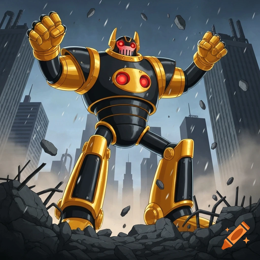 A giant gold and black cartoon robot with red eyes stands amidst destroyed buildings under a rainy sky, fists raised.