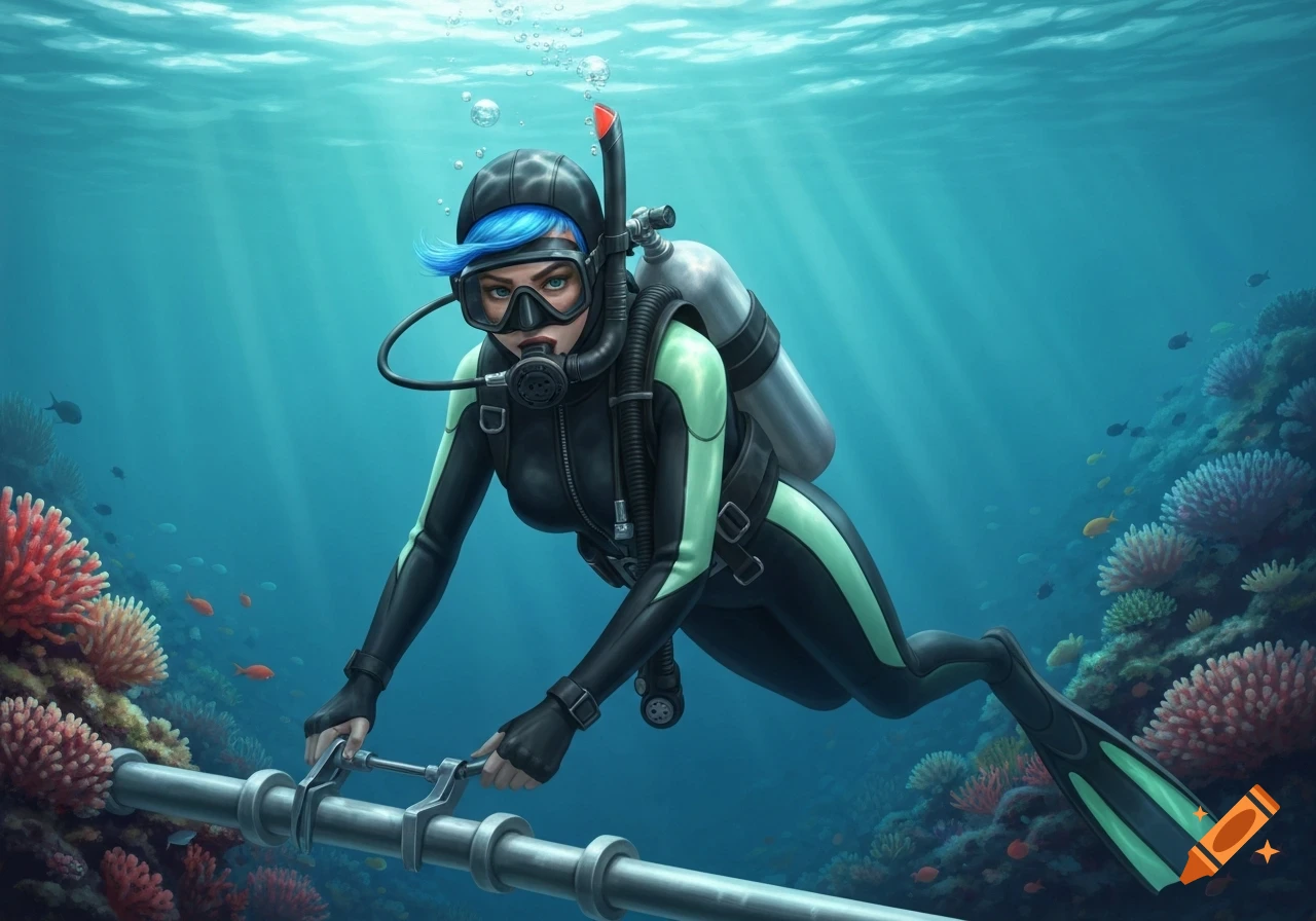 Illustrated blue-haired woman in a black and green scuba suit, working on an underwater pipe next to a vibrant coral reef.