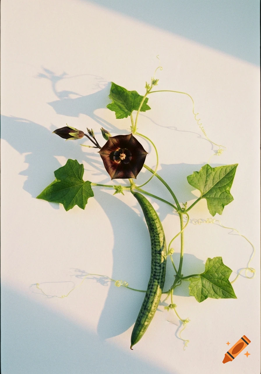 A black bat flower and snake gourd plant with green leaves on a white surface with long shadows, in a minimalistic photo.