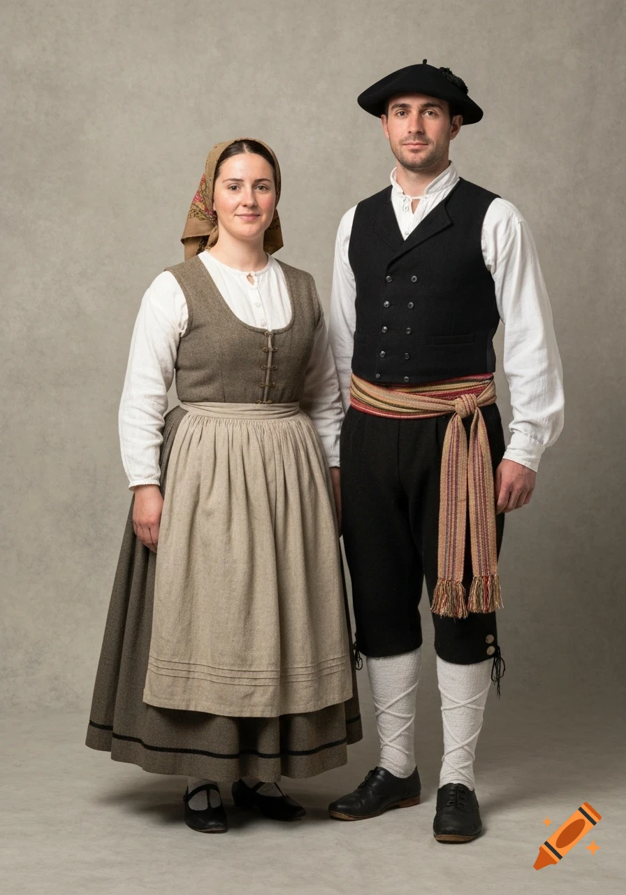 Photorealistic studio portrait of a man and a woman standing side by side in traditional Basque folk clothing.