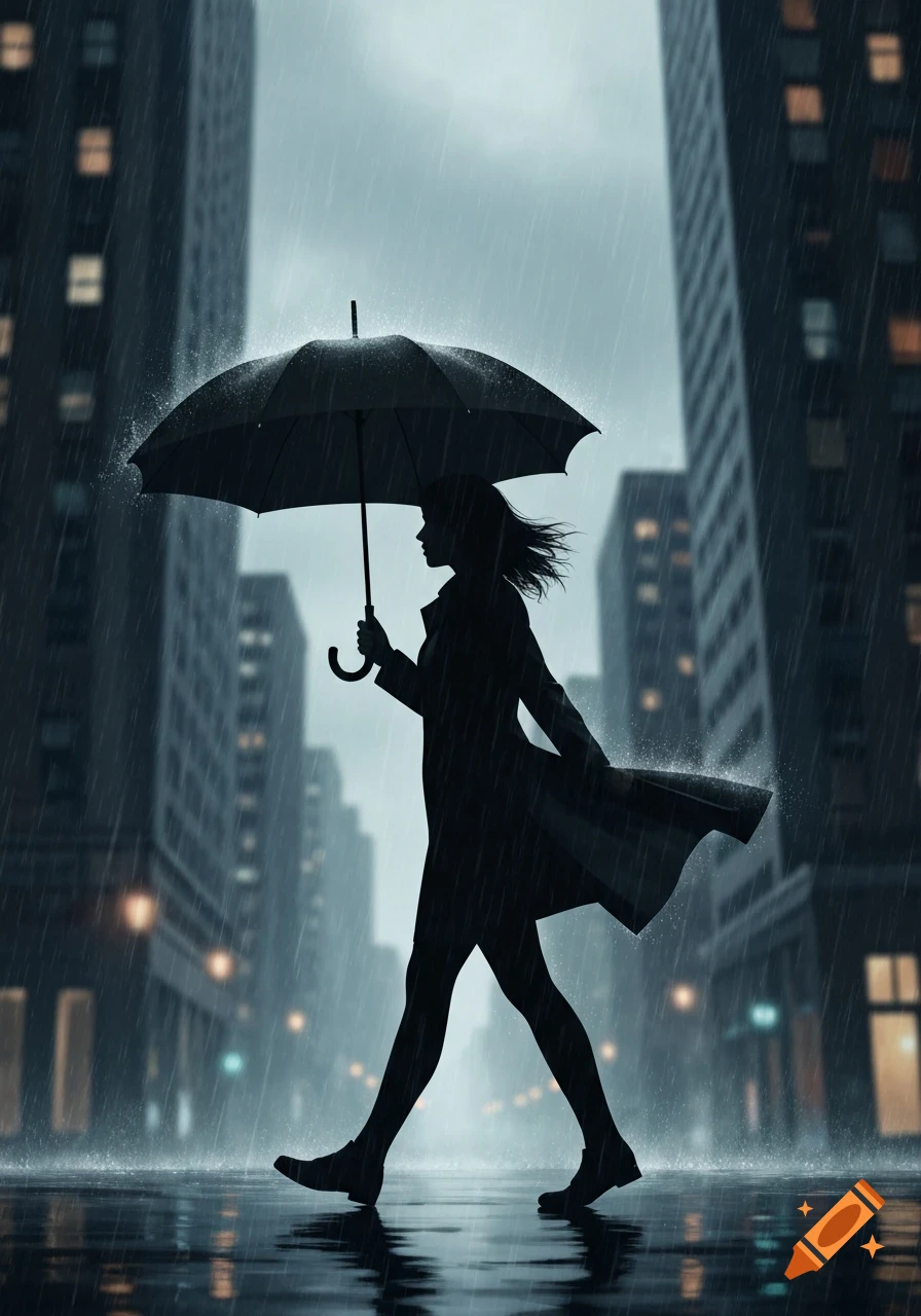 Silhouette of a person with an umbrella walking through a rainy city street with tall buildings.